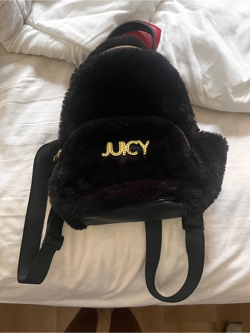 Juicy Couture small Black Faux Fur Backpack with Gold Logo